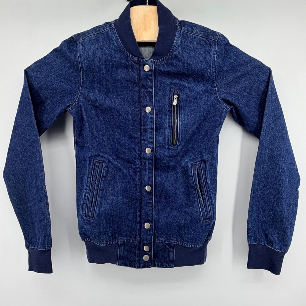 Nike Sportswear Denim Bomber Jacket Dark Wash Snap Front Blue Womens XS 466917